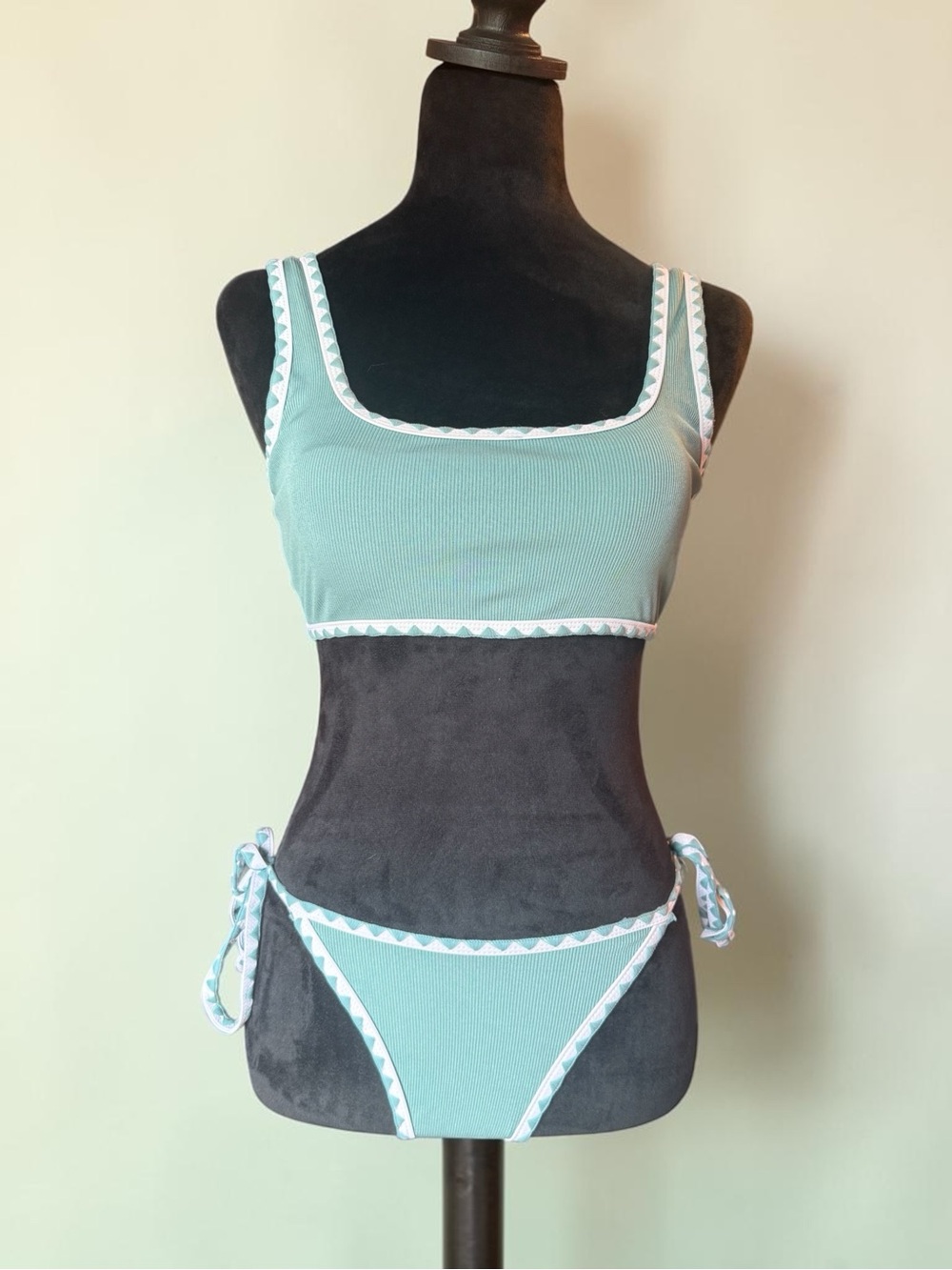 Seafoam Ribbed Bikini Set with White Trim